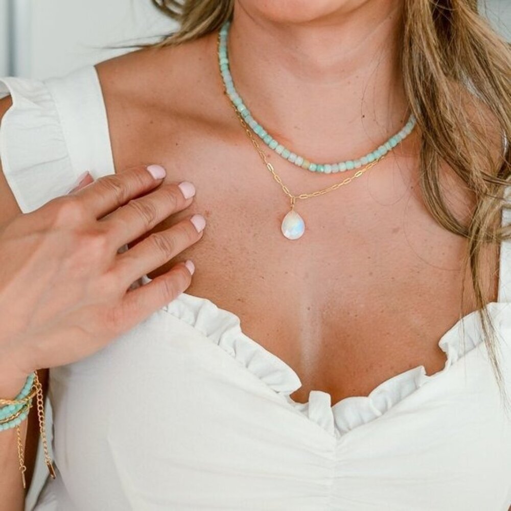 Rainbow Moonstone Pendant Necklace on Gold Paperclip Chain Waterproof Jewelry